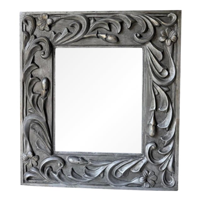 Decorative Floral Carved Square Wall Mirror - Silver Gray For Sale