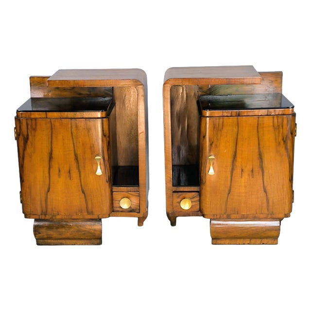 Art Deco Walnut Bedside Tables with Black Glass Tops, 1940s, Set of 2 For Sale
