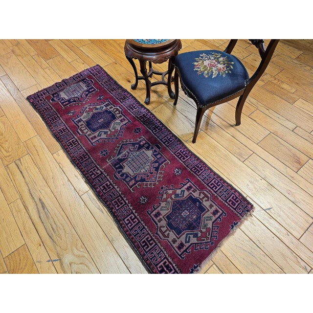 Early 20th Century Vintage Turkish Runner, Hand-Knotted Wool, Geometric Design, Red & Navy, 3' x 7' For Sale - Image 5 of 10