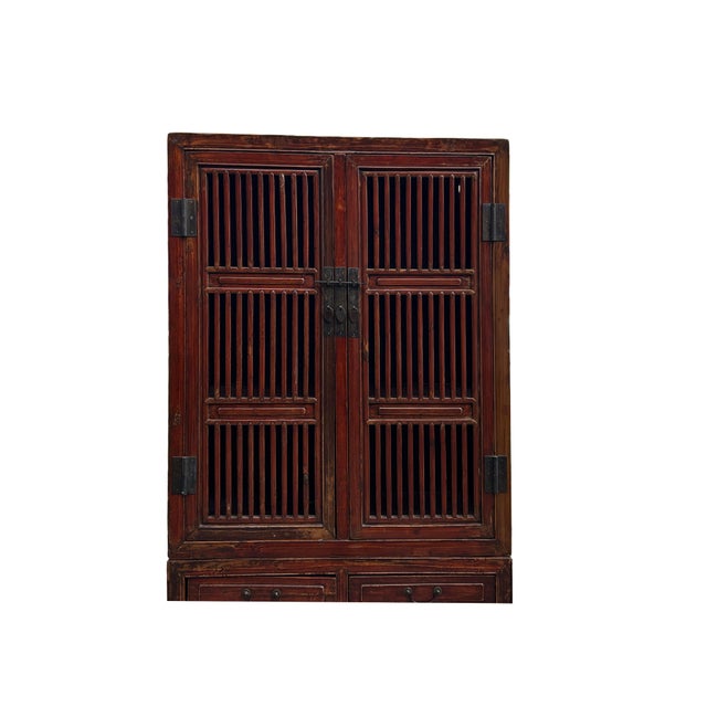 1960s Vintage Brown Oriental Open Bars Doors Display Curio Cabinet Bookcase For Sale - Image 5 of 9