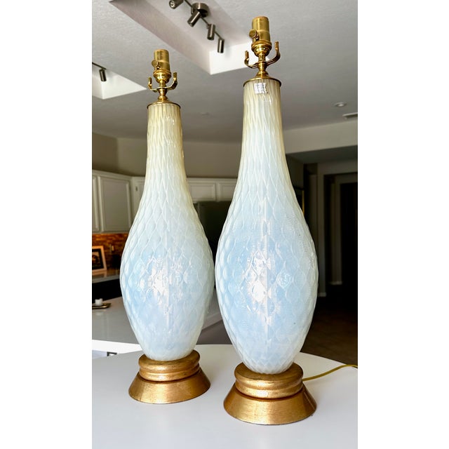Wood 1950s Large Murano Opalescent Blue Gold Inclusions Table Lamps - a Pair For Sale - Image 7 of 18
