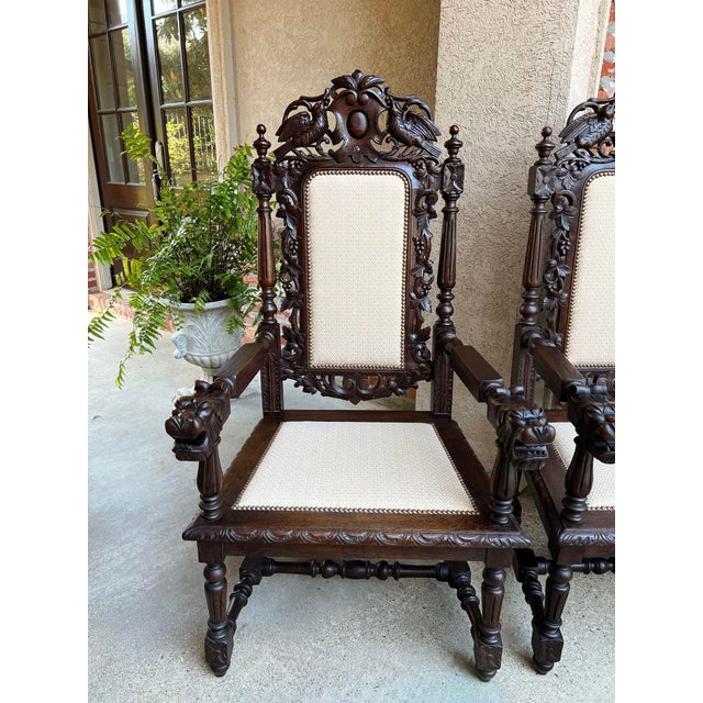 Pair Antique French Arm Chairs Dining Renaissance Carved Oak Bird Black Forest For Sale - Image 4 of 12