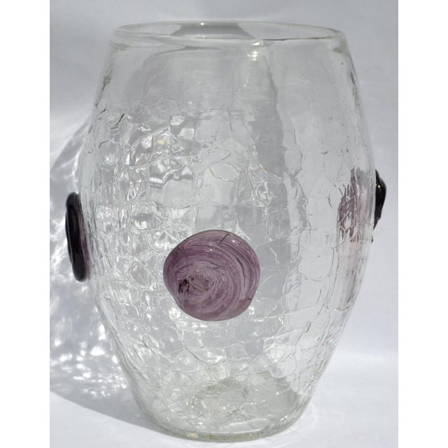 1960s Large Blenko Crackle Art Glass Vase Textured Clear Surface Purple Flowers For Sale - Image 14 of 18