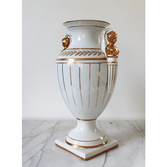 Ceramic Neoclassical Porcelain Gold & White Female Figural Urn For Sale - Image 7 of 13