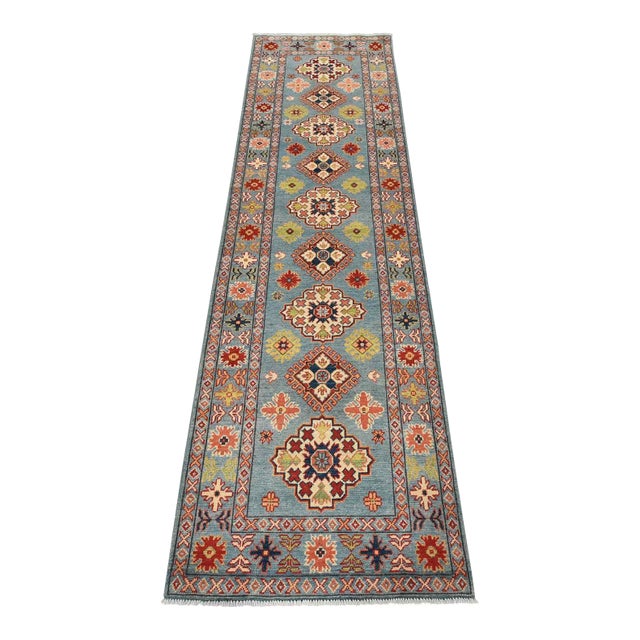Kazak Runner 2’10” X 9’9” Blue Wool Tribal Hand-Knotted Oriental Rug For Sale