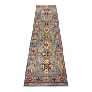 Kazak Runner 2’10” X 9’9” Blue Wool Tribal Hand-Knotted Oriental Rug