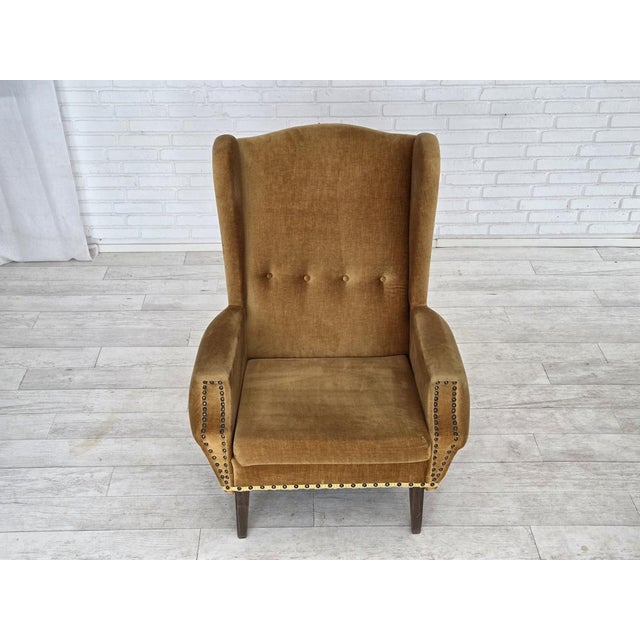 Yellow Danish High Back Armchair in Furniture Velour and Oak Wood Legs, 1970s For Sale - Image 8 of 16