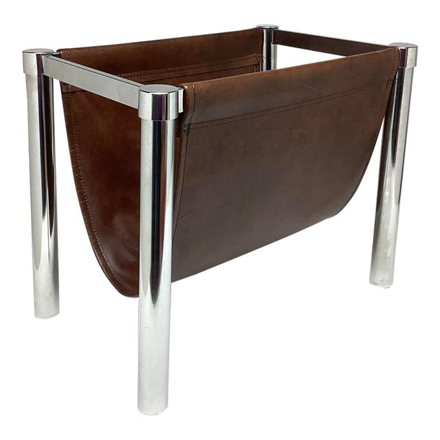 Vintage Mid Century Modern Chrome and Brown Vinyl Magazine Rack. C 1970s For Sale