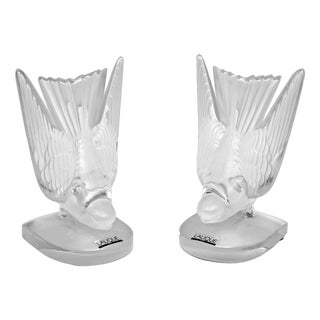 Art Deco Crystal Swallows Bookends by Lalique Hirondelles, 1980s, Set of 2 For Sale