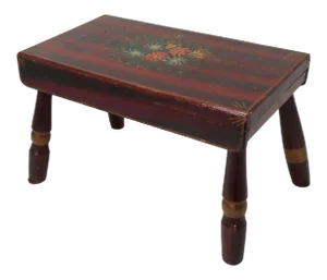 Antique American Faux Mahogany Grain Painted Foot Stool With Hand Painted Flowers
