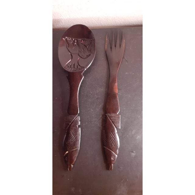Vintage Handcarved Ebony Wood Spoon & Fork Set, Made in Kenya For Sale - Image 4 of 4