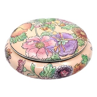 Vintage Chinese Porcelain Trinket Jewelry Box With Flowers For Sale