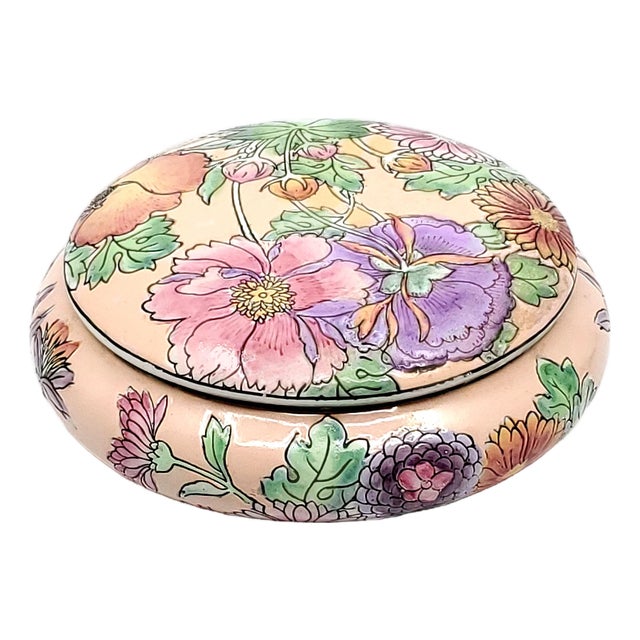 Vintage Chinese Porcelain Trinket Jewelry Box With Flowers For Sale