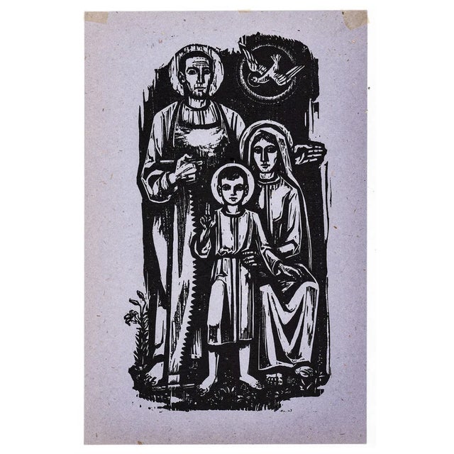 Biblical woodcut by German artist Walter Mellman (1910-2001) "The Holy Family" woodcut on paper. Unsigned, with original...