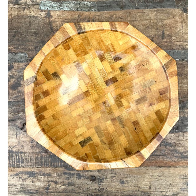 Vintage Parquet Rattan Wood Bowl For Sale In West Palm - Image 6 of 12