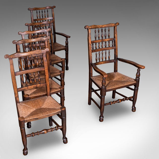 Brown 6 Antique Lancashire Dining Chairs, English Beech, Carver, Seat, Edwardian, 1905 For Sale - Image 8 of 12