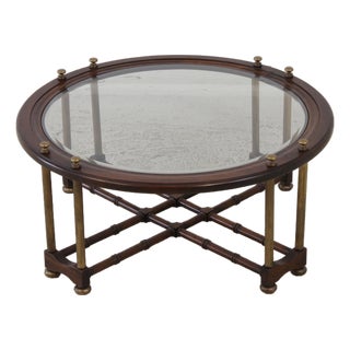 Regency Faux Bamboo Round Brass & Glass Top Coffee Table For Sale
