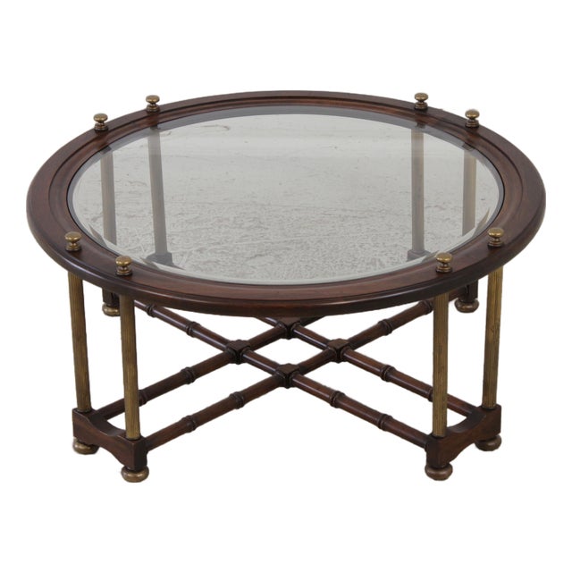 Regency Faux Bamboo Round Brass & Glass Top Coffee Table For Sale