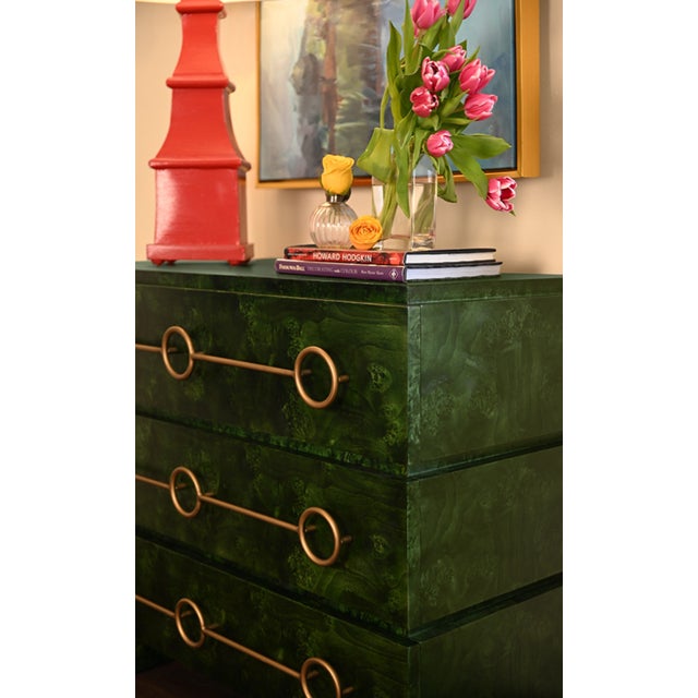 Matthew Izzo Home Roderick Green Burlwood Three Drawer Chest With Brass Accents For Sale In New York - Image 6 of 8
