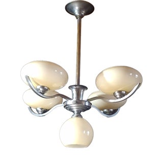 Chrome Metal Chandelier with 5 Pale Yellow Opaline Shades, 1950s For Sale