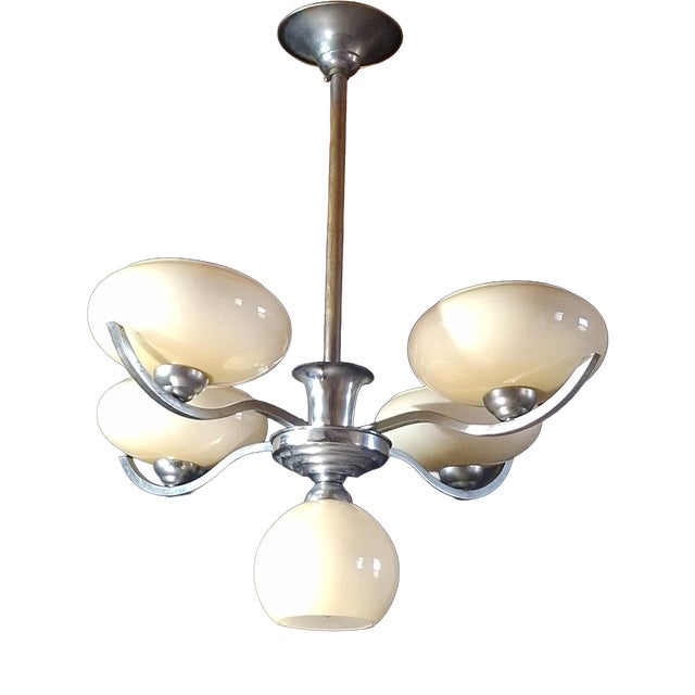 Chrome Metal Chandelier with 5 Pale Yellow Opaline Shades, 1950s For Sale