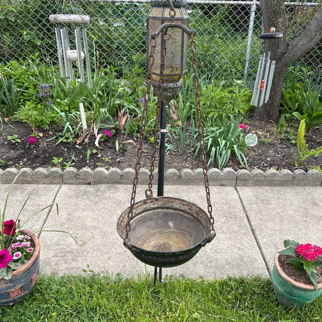 Antique Handmade Silver on Copper Handing Cauldron/Pot on Rusted Iron Chain For Sale - Image 10 of 12