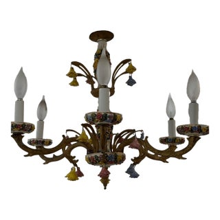 Vintage Capodimonte-Style Porcelain Floral Six-Light Chandelier For Sale