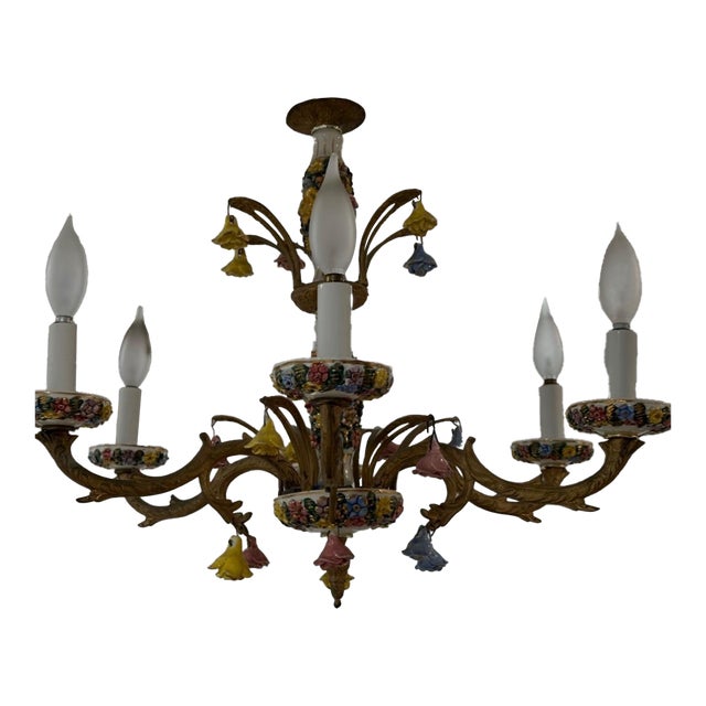 Vintage Capodimonte-Style Porcelain Floral Six-Light Chandelier For Sale
