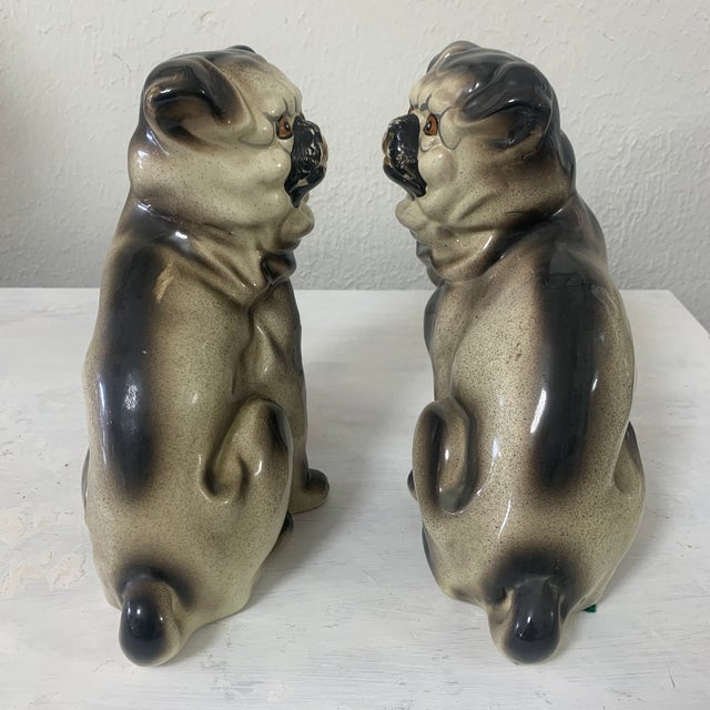Hollywood Regency Vintage Taiwan Ceramic Pug Dog Figurines – Pair For Sale - Image 3 of 7