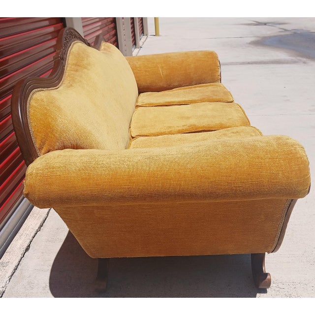 Gold Vintage Victorian Camelback Duncan Phyfe Style Gold Velvet Sofa For Sale - Image 8 of 13