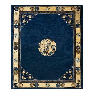 1920s Navy Field Medallion Floral Greek Key Antique Chinese Peking Rug For Sale