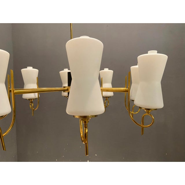 1950s Large Brass Chandelier with Opaline Glass Shades from Stilnovo, 1950s For Sale - Image 5 of 11