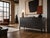 Totally restored 1940s sideboard in absolute mint condition. Matte black with razor-sharp frames in gold leaf and red...