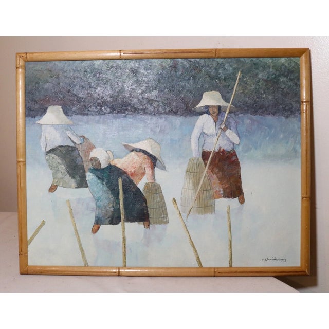 1980s 1980s Original Vintage v. Chaiduang Thai Impressionism Ladies Fishing Oil Painting Art For Sale - Image 5 of 11