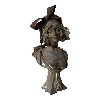 Antique French Art Nouveau Cast Iron Bust of a "Coquette" After Pablo Rigual For Sale