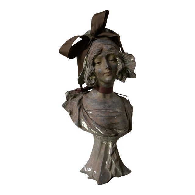 Antique French Art Nouveau Cast Iron Bust of a "Coquette" After Pablo Rigual For Sale