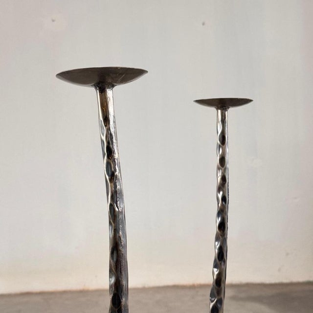 Gray Sculptural Candleholders in Burnished Metal, Italy, 1980s, Set of 3 For Sale - Image 8 of 18