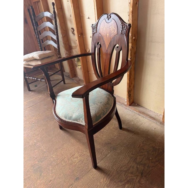 Victorian Antique Art Nouveau Marquetry Mixed Wood Oak Open Armchair For Sale - Image 3 of 17