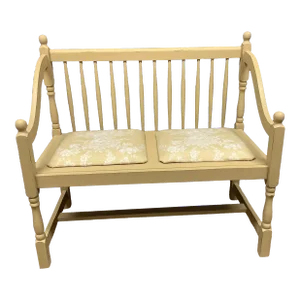 Vintage Spindle Back Upholstered Sitting Bench Golden Autumn W Toile Fabric 38" Length