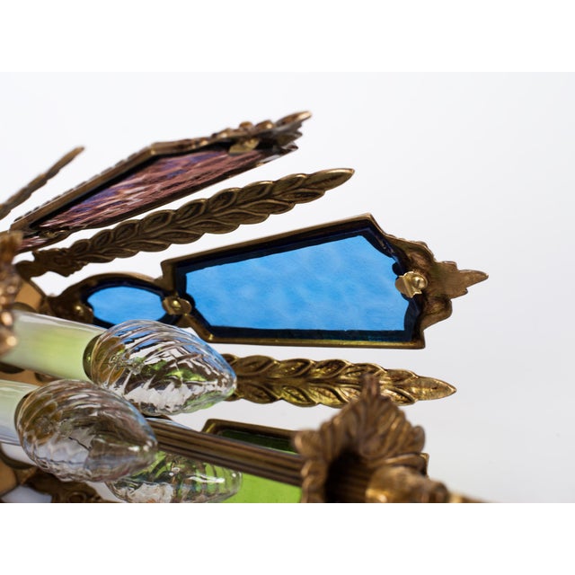 1960s Spanish Gothic Brass 3-Light Lantern With Multi-Color Stained Cathedral Glass For Sale - Image 12 of 12