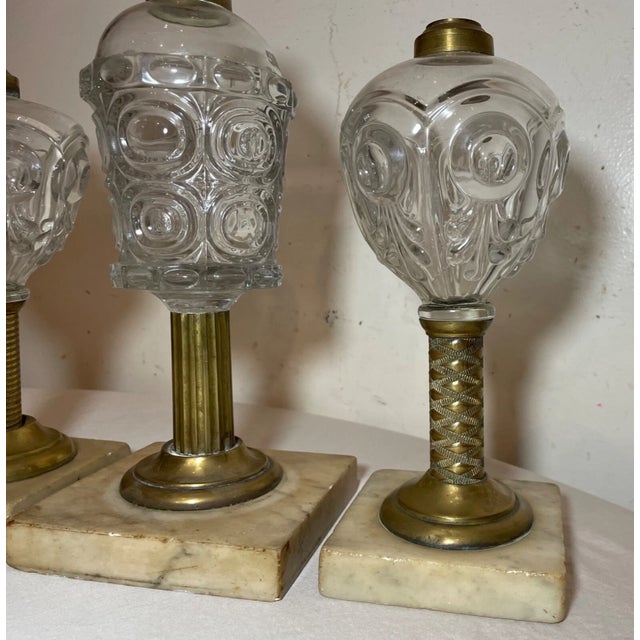 Lot of 3 Rare Antique 19th Century Bullseye Glass Brass Marble Whale Oil Lamp For Sale - Image 12 of 14