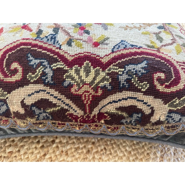 English Large Antique 19thc English Needlepoint Scenic Tapestry Cushion Pillow For Sale - Image 3 of 4