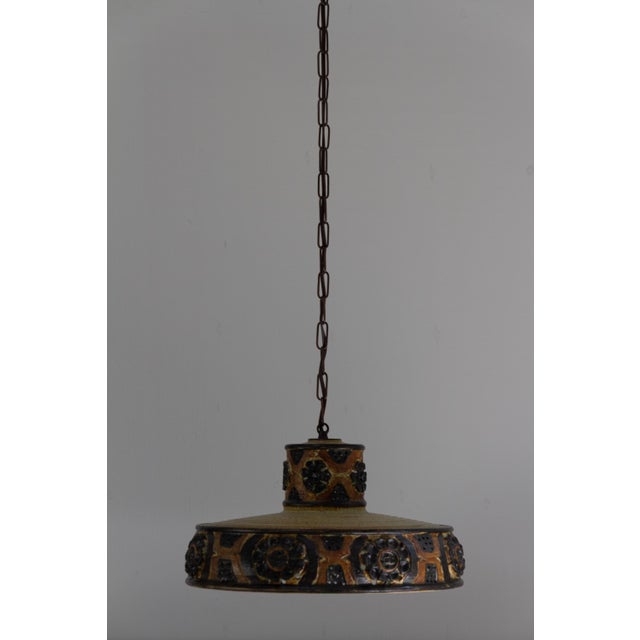 Danish Stoneware Pendant Lamp by Jette Hellerøe, 1960s. Amazing handmade and signed ceramic ceiling light in earth colors...