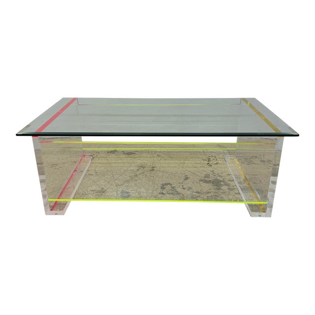 Contemporary Neon Color Edge Lucite Coffee Table With Beveled Glass Top For Sale