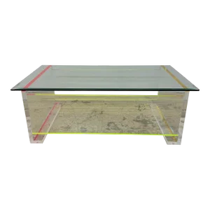 Contemporary Neon Color Edge Lucite Coffee Table With Beveled Glass Top
