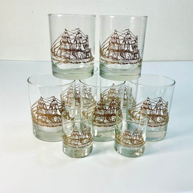 1960s Mid-Century Nautical Coastal Libbey Tall Mast Lowball Whiskey & Shot Glasses - Set of 9. For Sale - Image 6 of 8