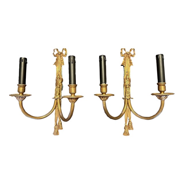 Pair of Late 20th Century Matching Brass Wall Sconces With Bows For Sale