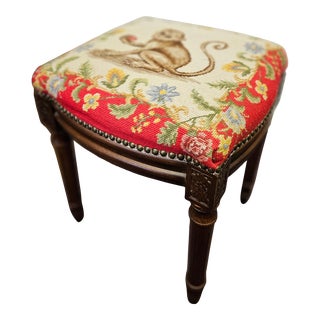 French Style Footstool With Charming Monkey Needlepoint Cover With Nailhead Trim For Sale