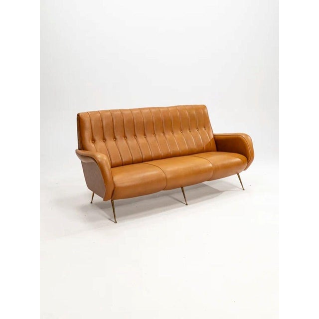 Three-Seater Sofa in Skai with Brass Feet in the style of Marco Zanuso,1950s For Sale - Image 3 of 12