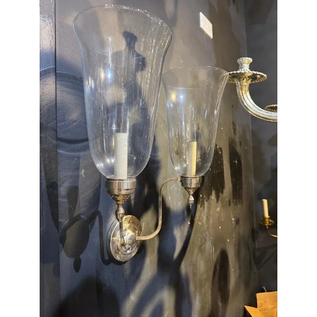 1910s 1910 Silver Plate Bronze and Hurricane Glass Sconces Two Lights - a Pair For Sale - Image 5 of 6